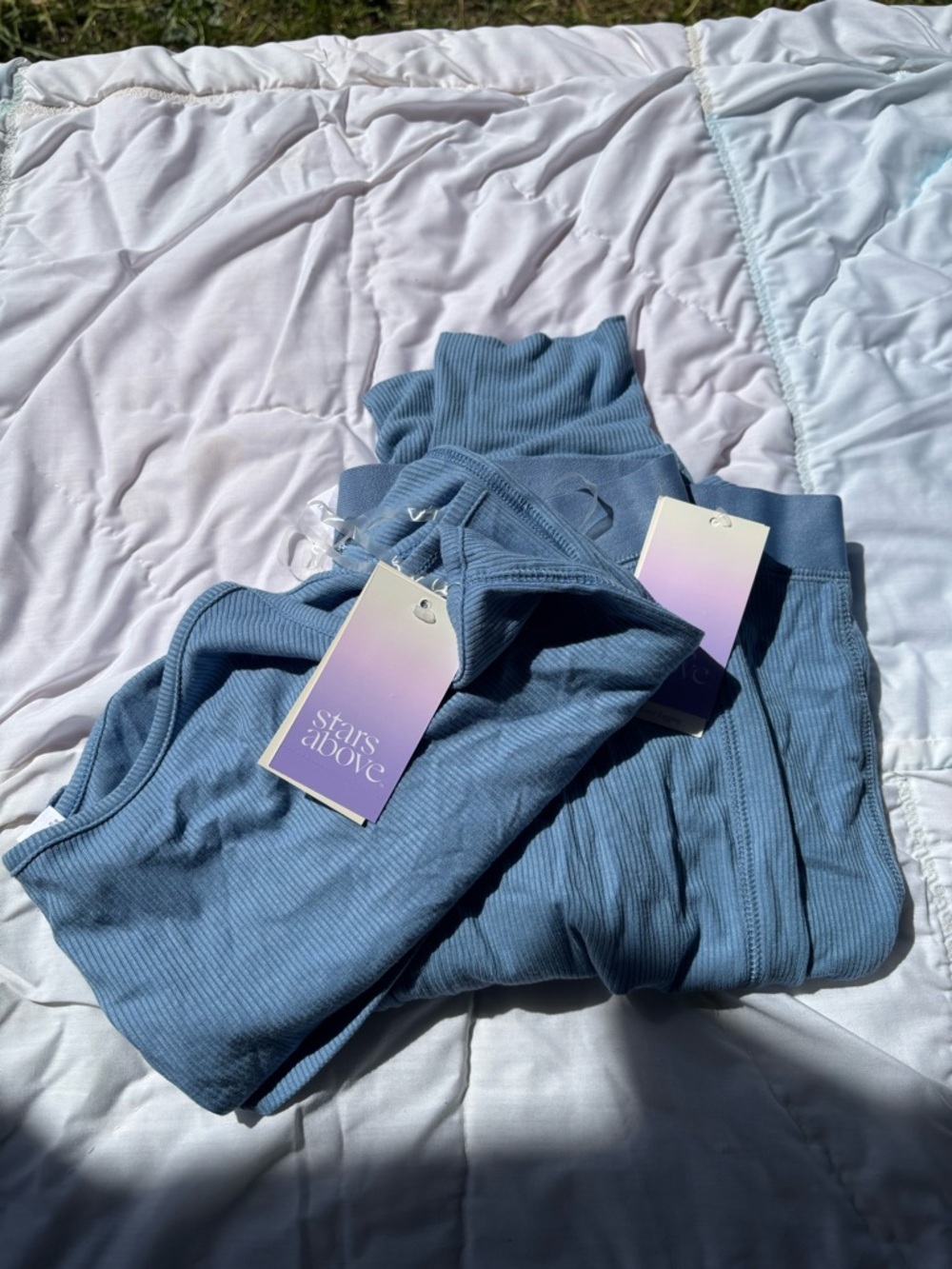 stars above Dusty Blue Ribbed Lounge Set
